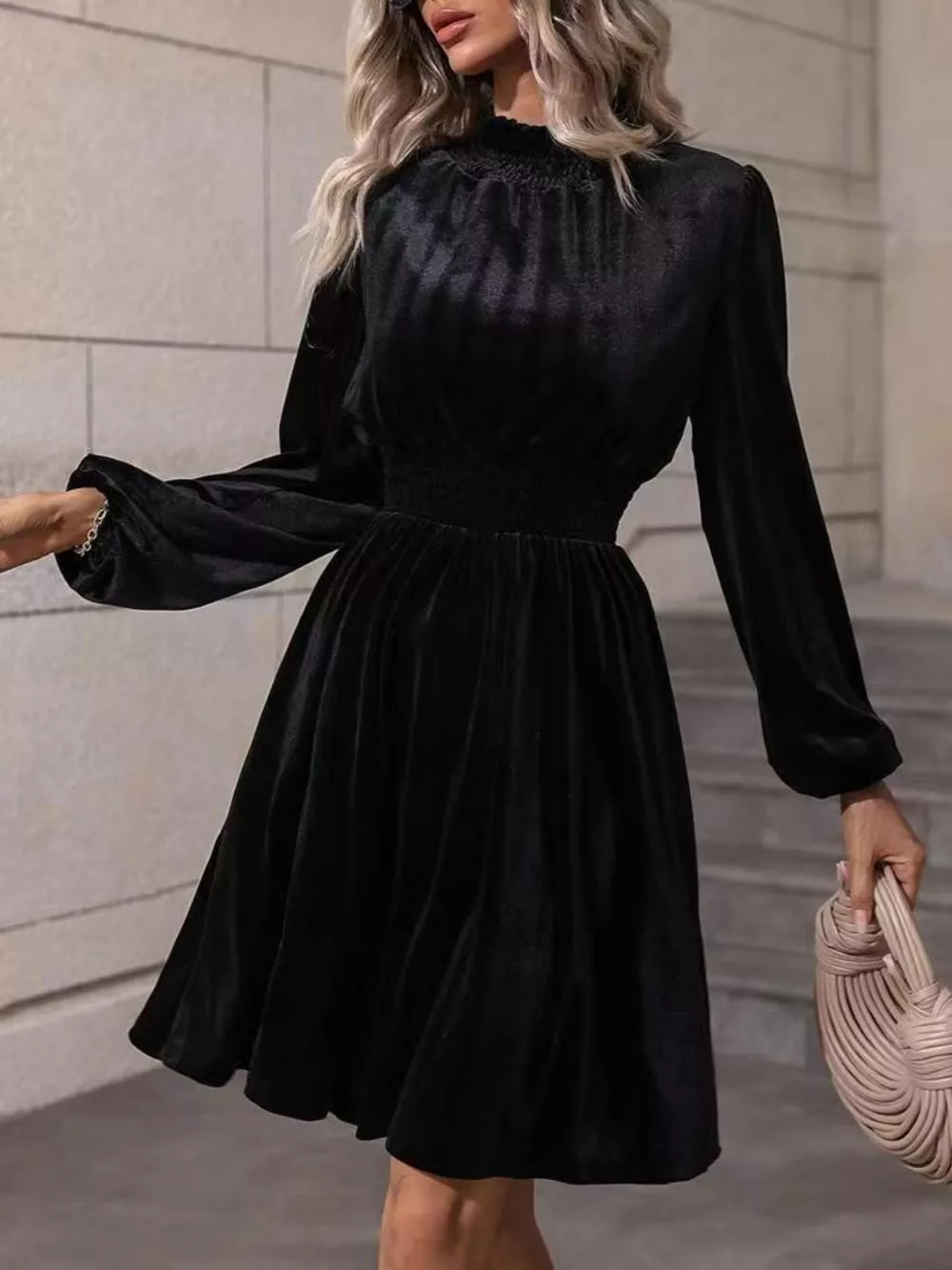 Velvet High Neck Long Sleeve A-Line Dress, image 9