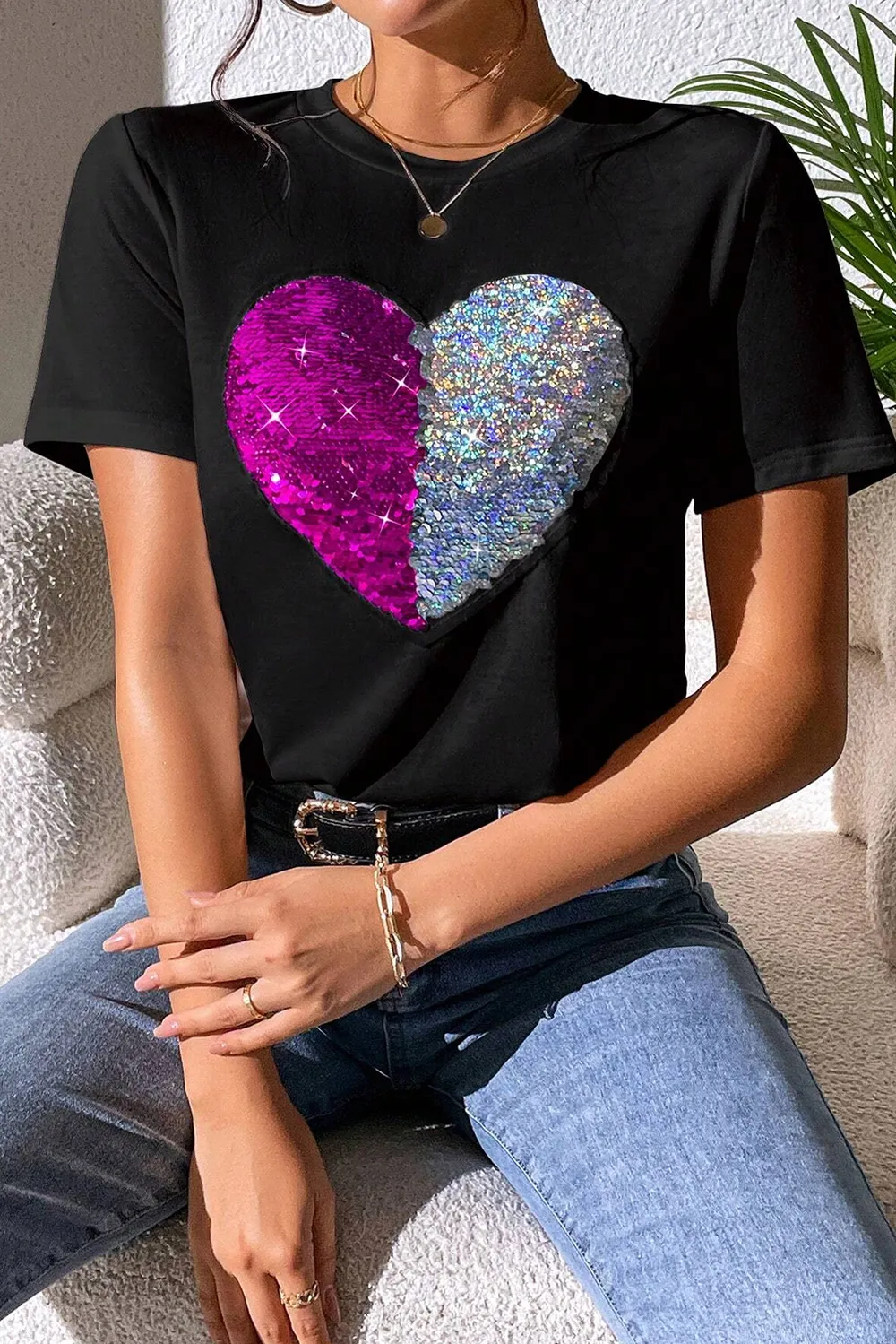Heart Sequin Round Neck Short Sleeve T-Shirt, image 3