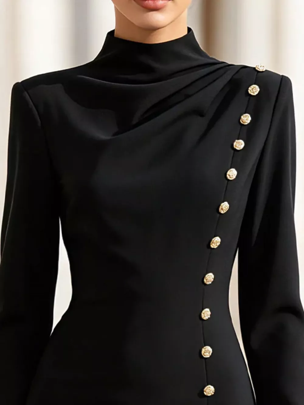 Mock Neck Long-Sleeve Bodycon Dress with Gold-Tone Button Detailing, image 6