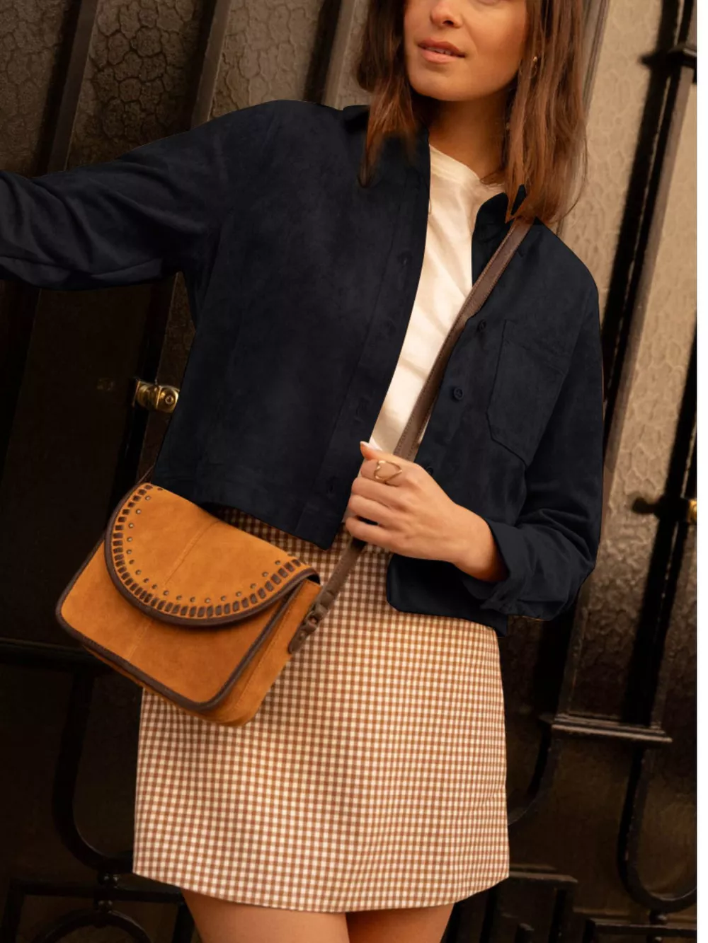 Cropped Faux Suede Button-Down Jacket, image 10