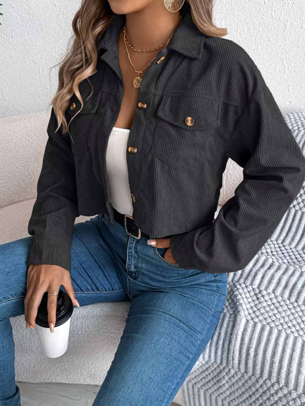 Corduroy Button-Up Dropped Shoulder Jacket, image 6