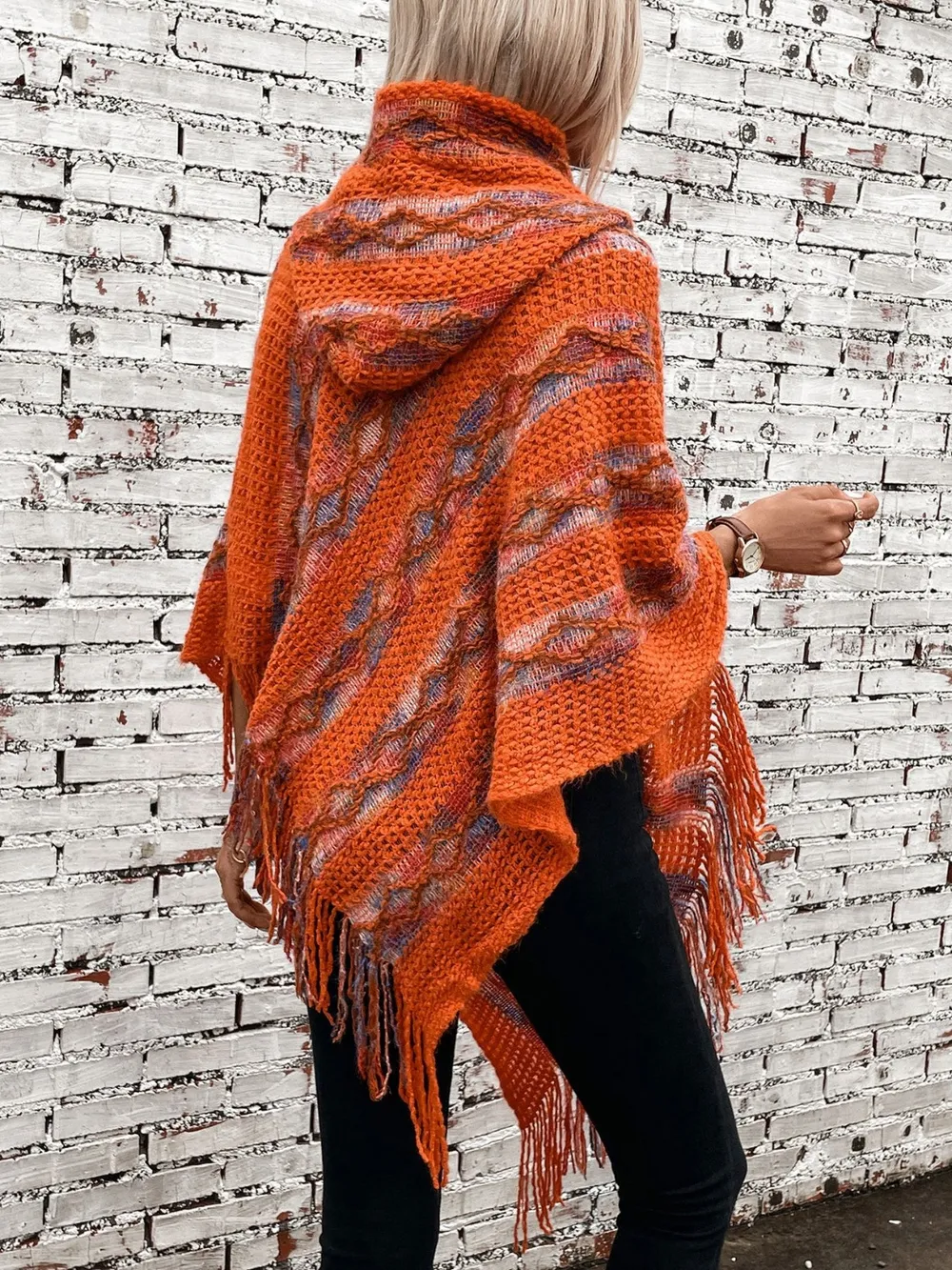 Fringe Contrast Hooded Poncho, image 9
