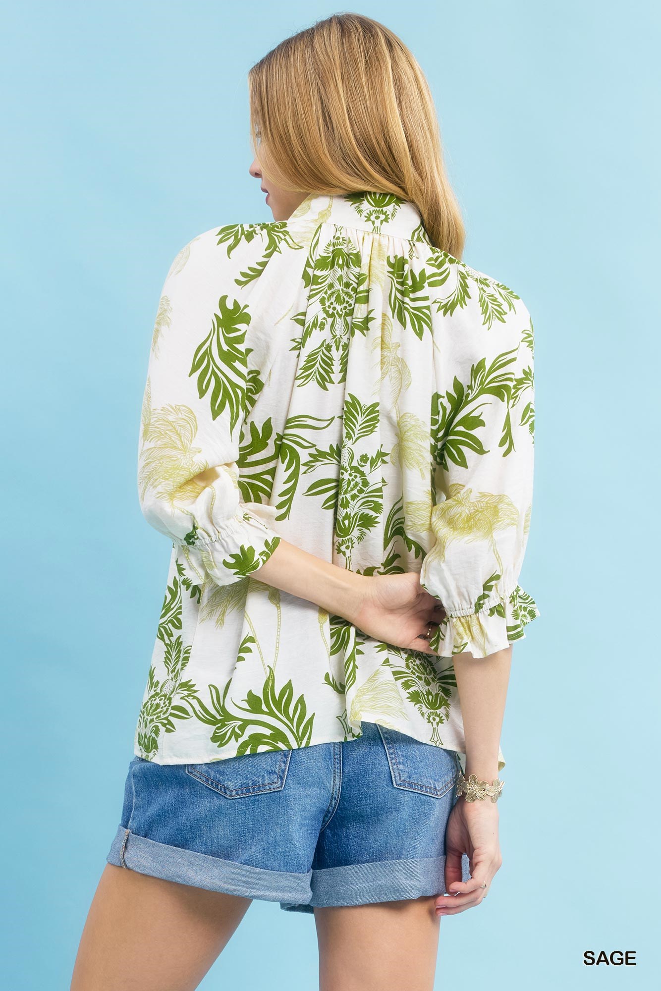 Leafy Damask Print Blouse with Contrast Scalloped Trim Detail, image 4
