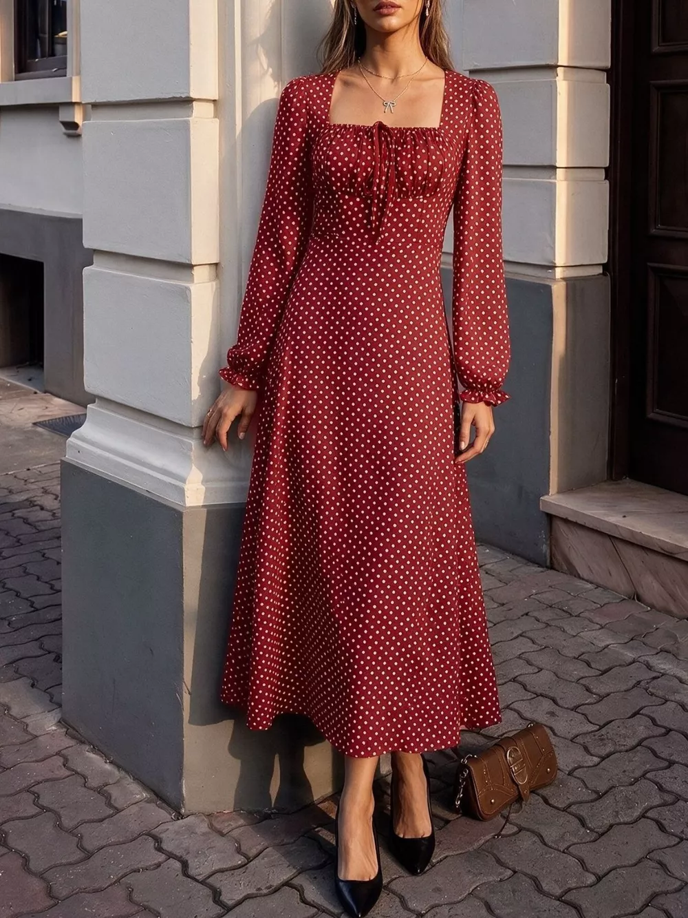 Square Neck Polka Dot Long Sleeve Maxi Dress, image 5