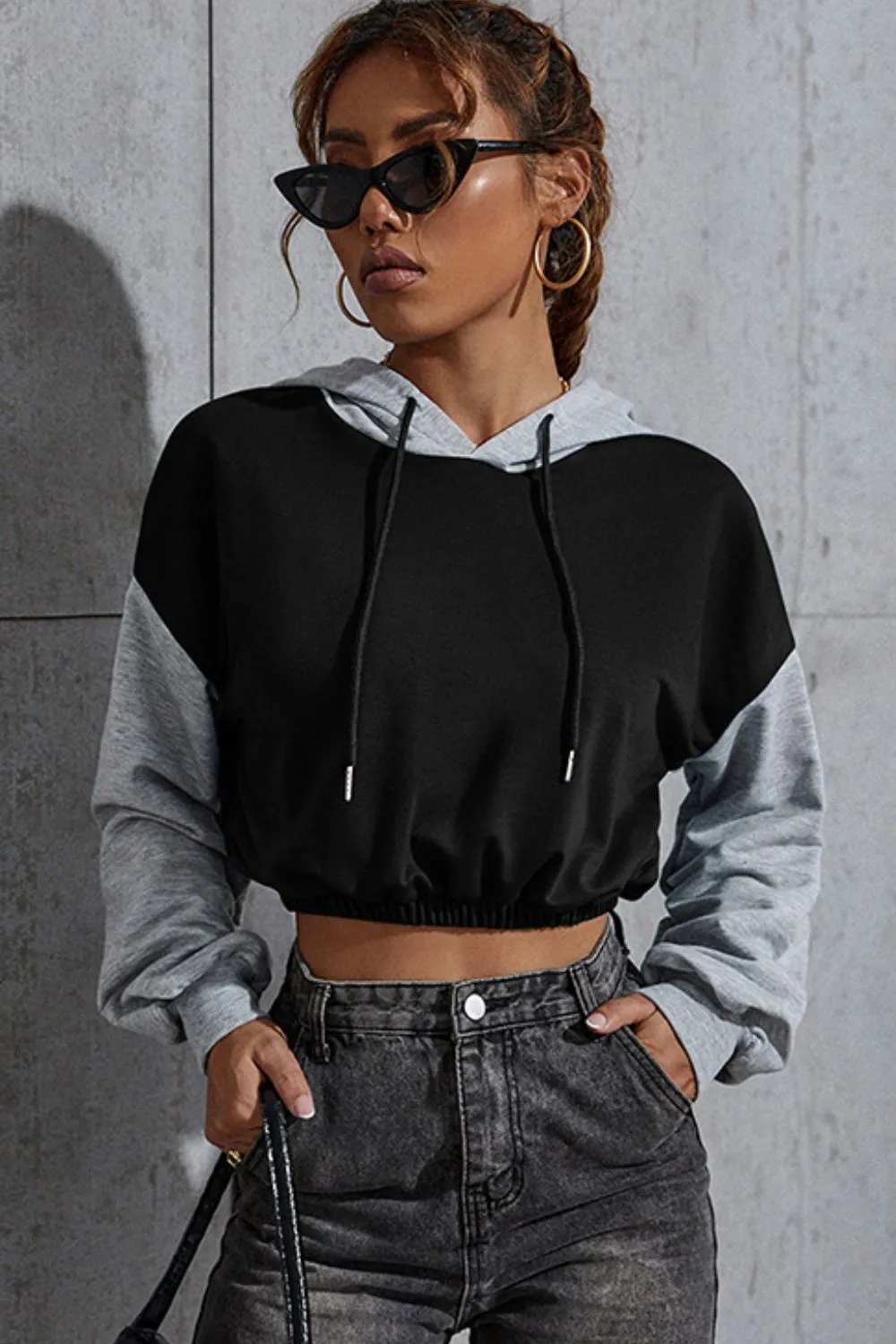 Contrast Long Sleeve Cropped Hoodie, image 2