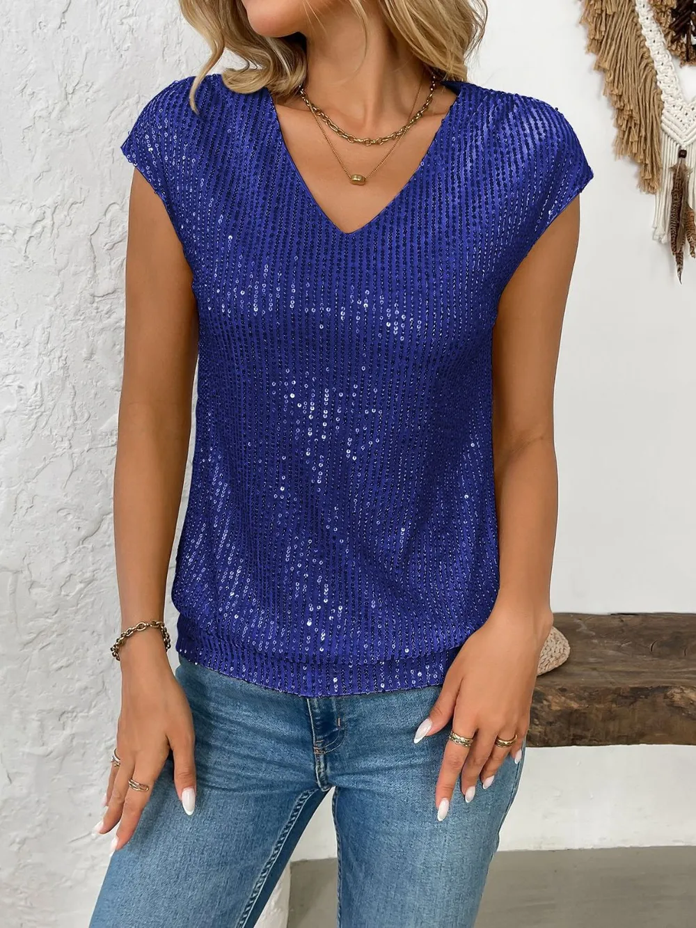 Sequin V-Neck Cap Sleeve Top, image 8