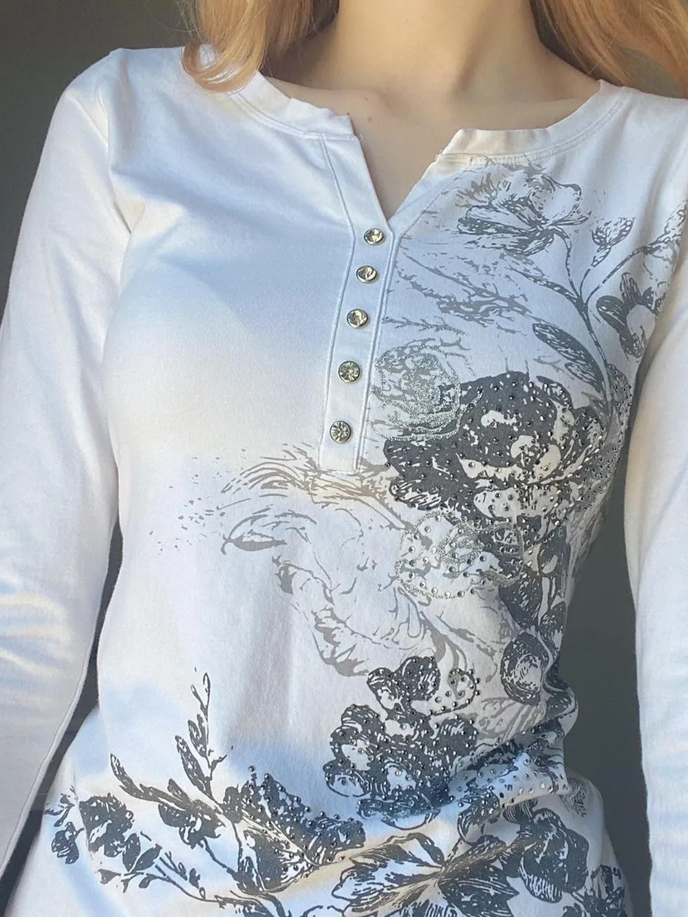 Printed Notched Long Sleeve T-Shirt, image 3