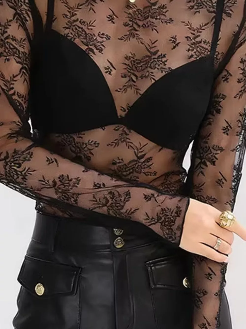 Sheer Floral Lace Mock Neck Long Sleeve Blouse, image 6
