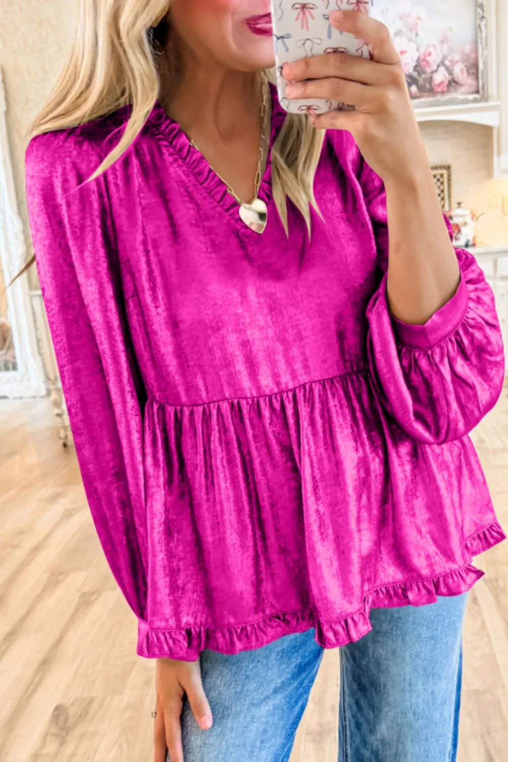 Frill V-Neck Long Sleeve Blouse, image 4