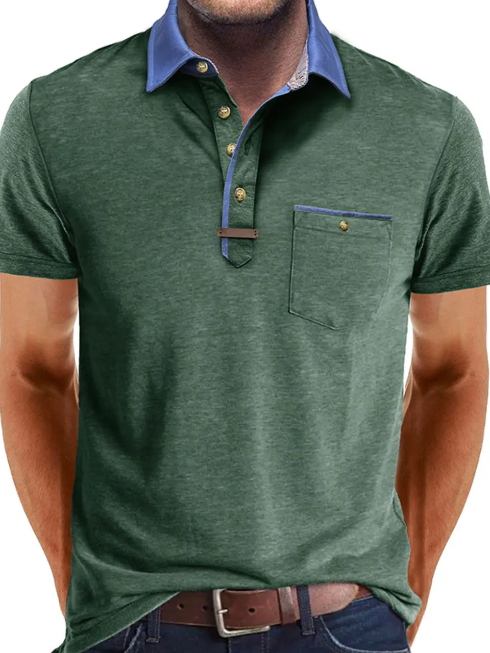 Men's Full Size Contrast Collar Pocket Polo Shirt Plus Size, image 7