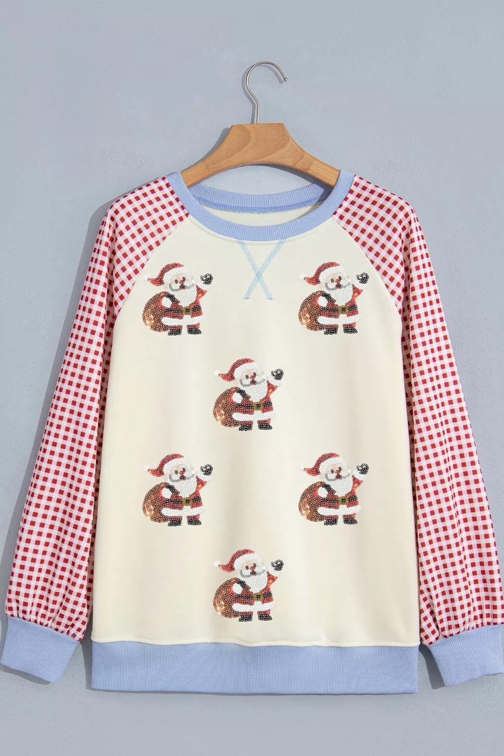 Sequin Santa Plaid Sleeve Pullover Graphic Sweatshirt, image 3