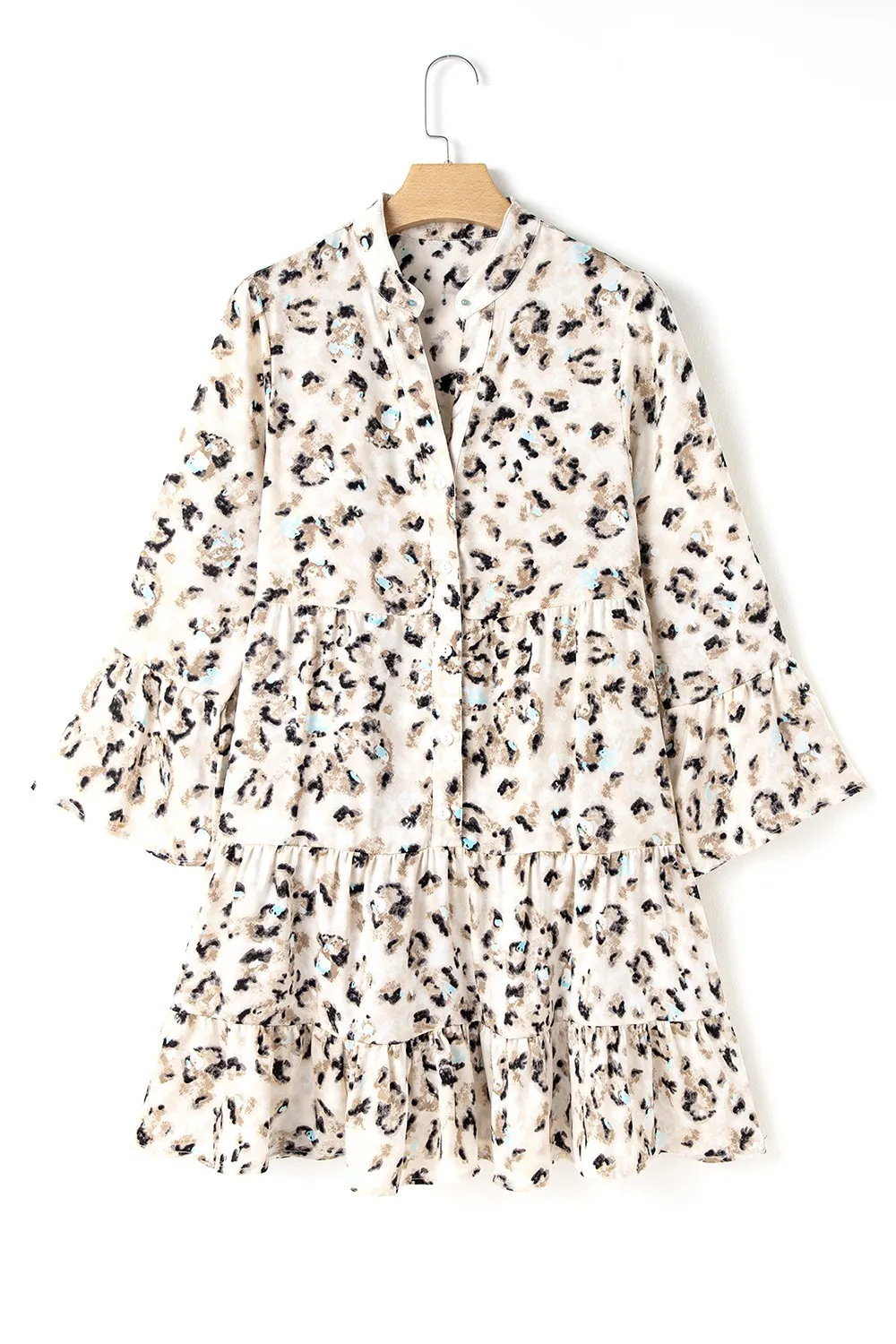 Leopard Print Buttoned Front 3/4 Sleeve Tiered Ruffled Hem Dress, image 13