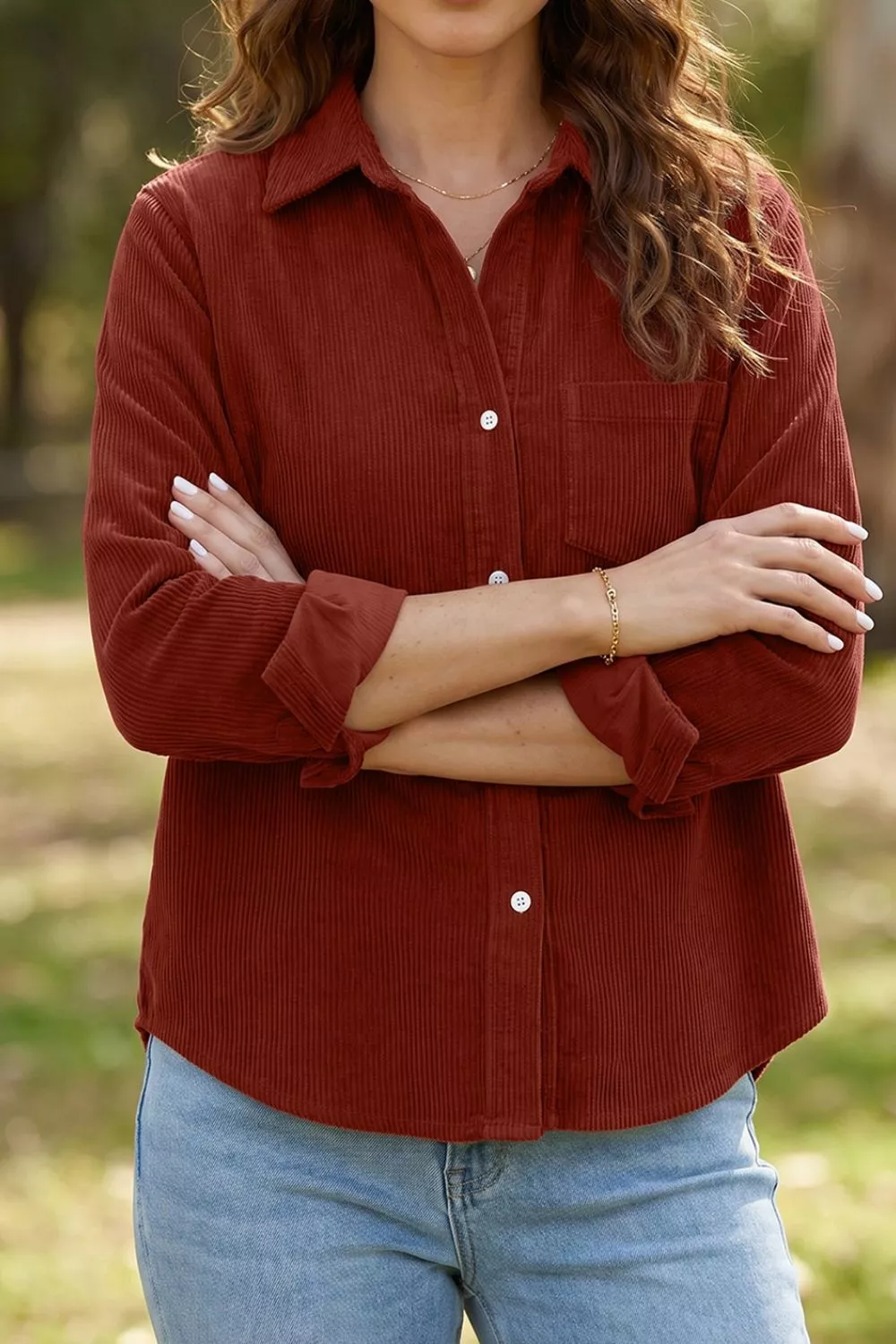 Adjustable Cuff Long Sleeve Corduroy Shirt, image 4