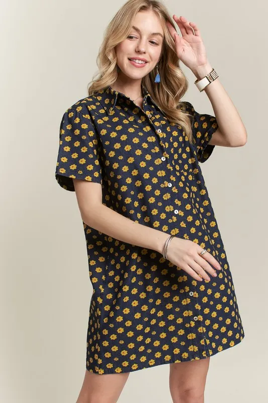 Floral Button-Up Mini Denim Dress, image 2