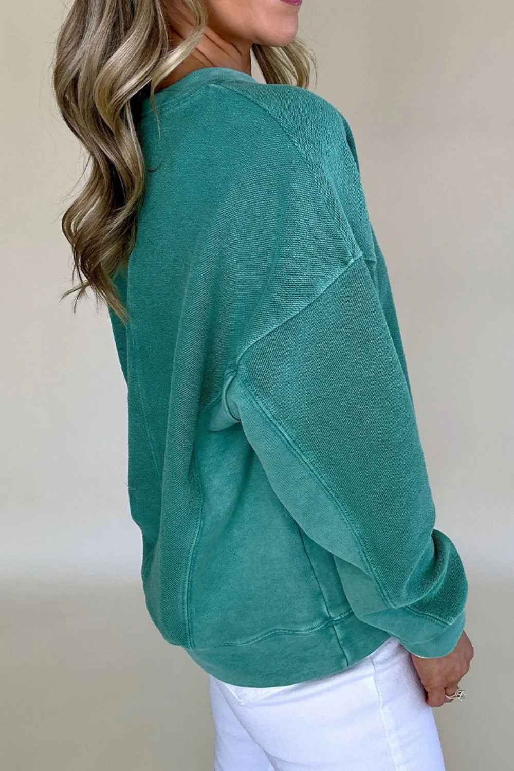 Notched Drop Shoulder Long Sleeve Sweatshirt, image 8
