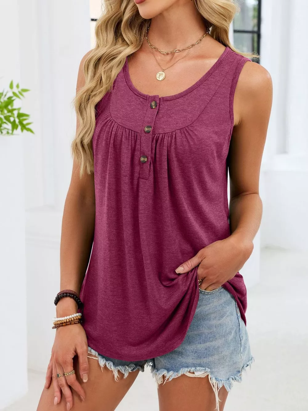 Button Detail Round Neck Tank, image 10