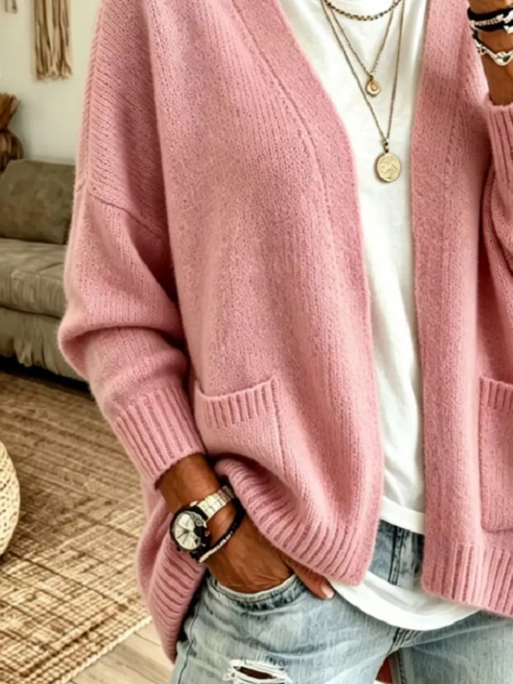 Open Front Knit Cardigan with Pockets, image 2
