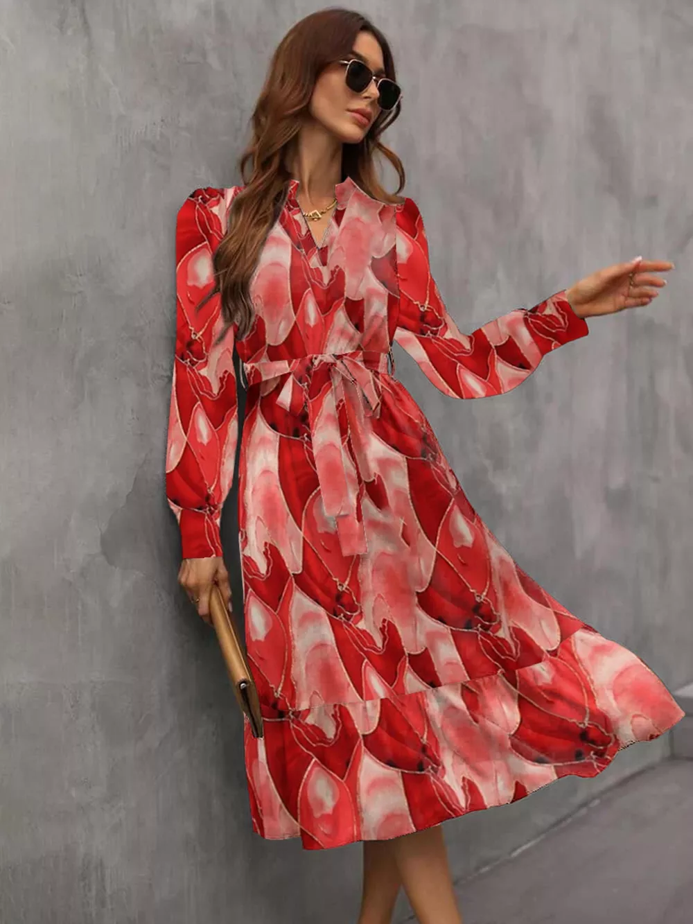 Notched Tie Waist Long Sleeve Dress, image 3