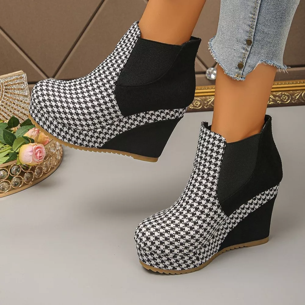 Houndstooth Pattern Wedge Ankle Boots, image 6
