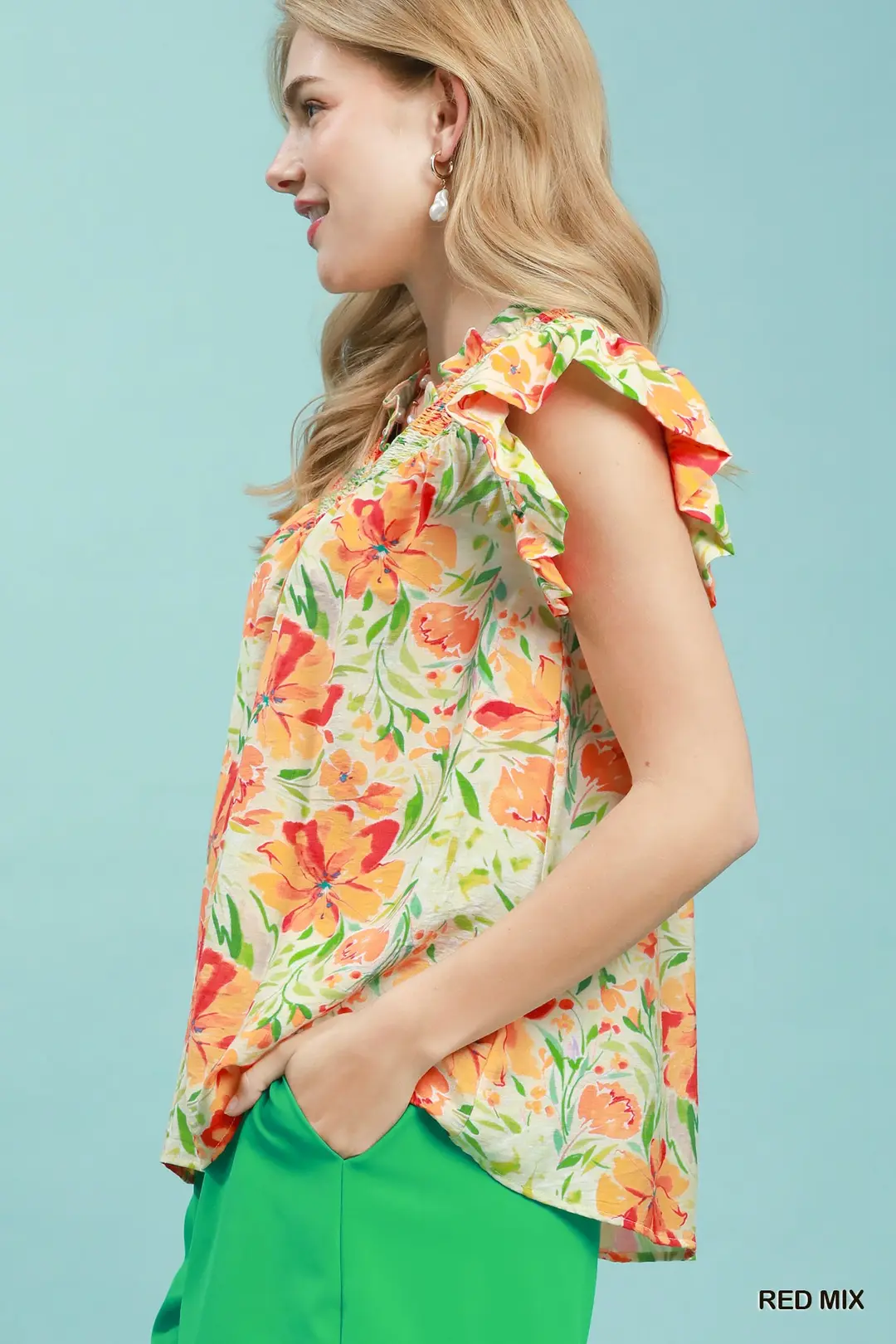 Smocked Yoke Ruffle Sleeve Floral Blouse, image 3