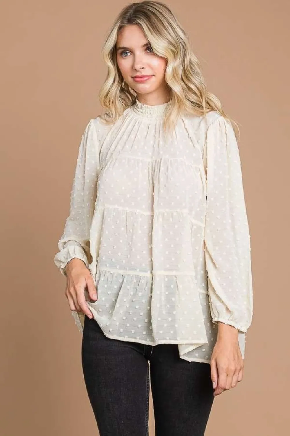 Full Size Swiss Dot Smocked Mock Neck Blouse Plus Size