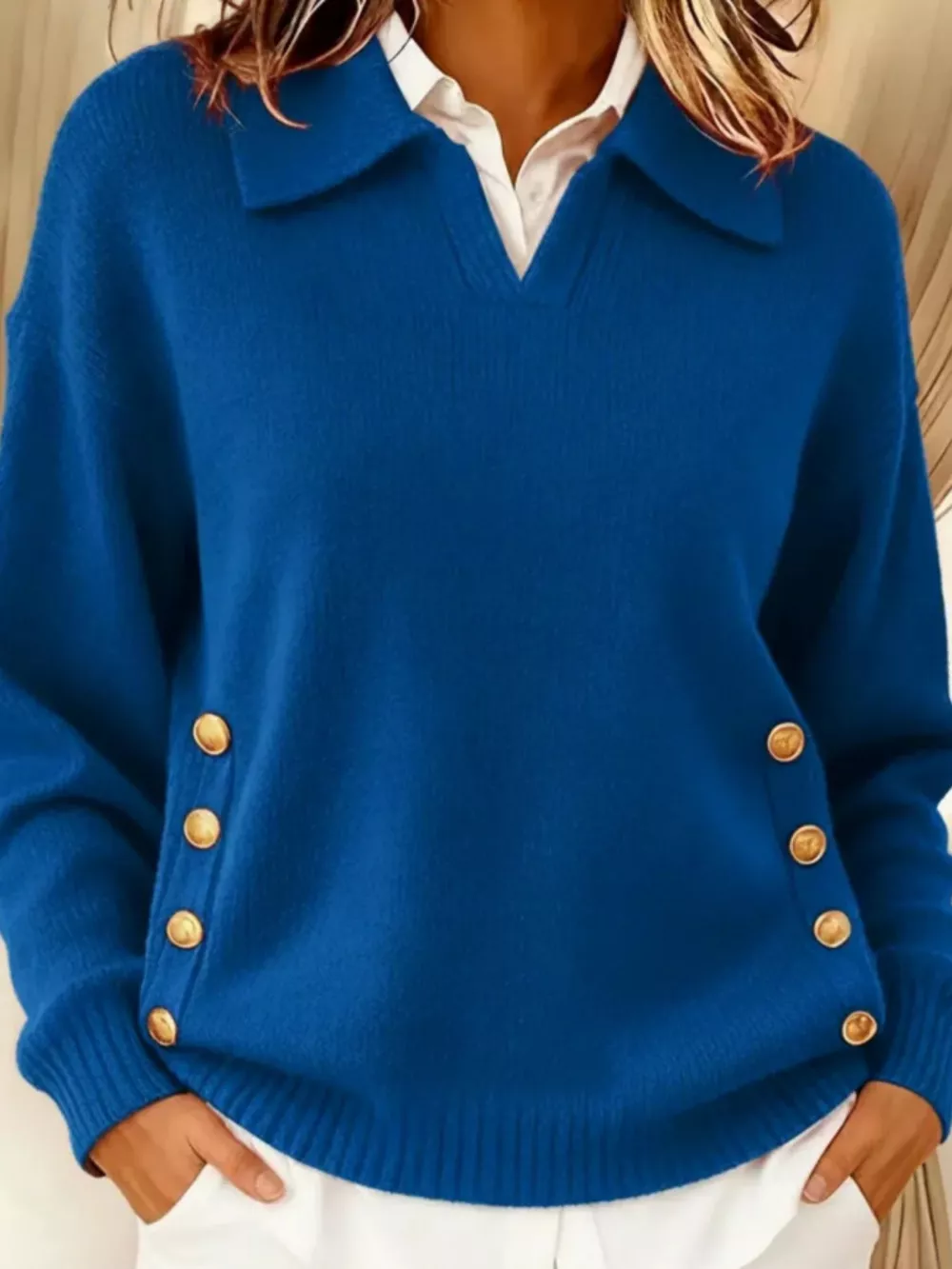 Full Size Decorative Button Dropped Shoulder Sweater Plus Size, image 5