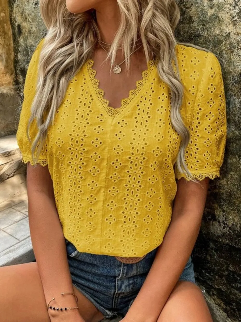 Full Size Lace Detail Eyelet V-Neck Short Sleeve Blouse Plus Size, image 12