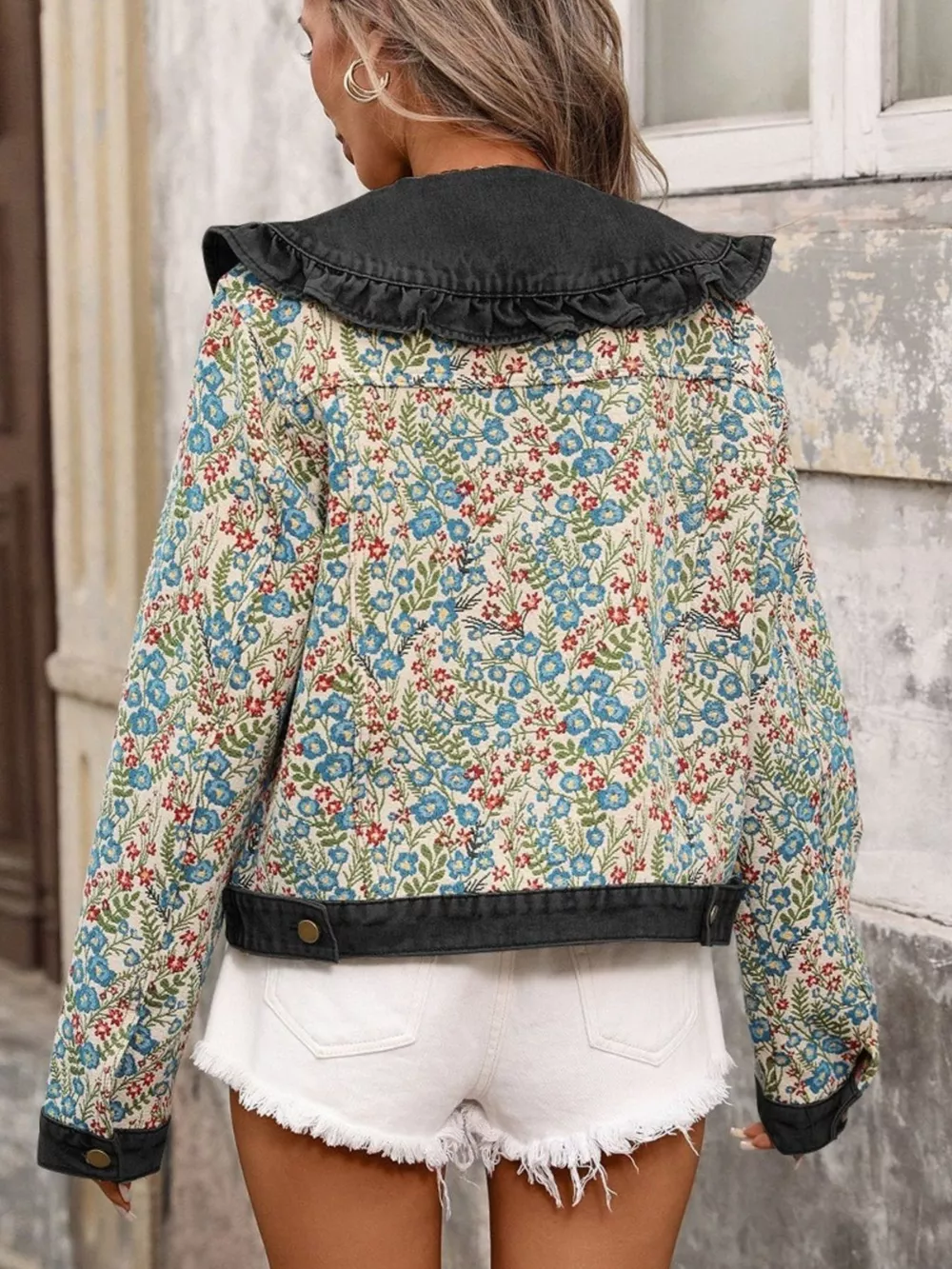 Floral Ruffle Collar Denim Jacket, image 6