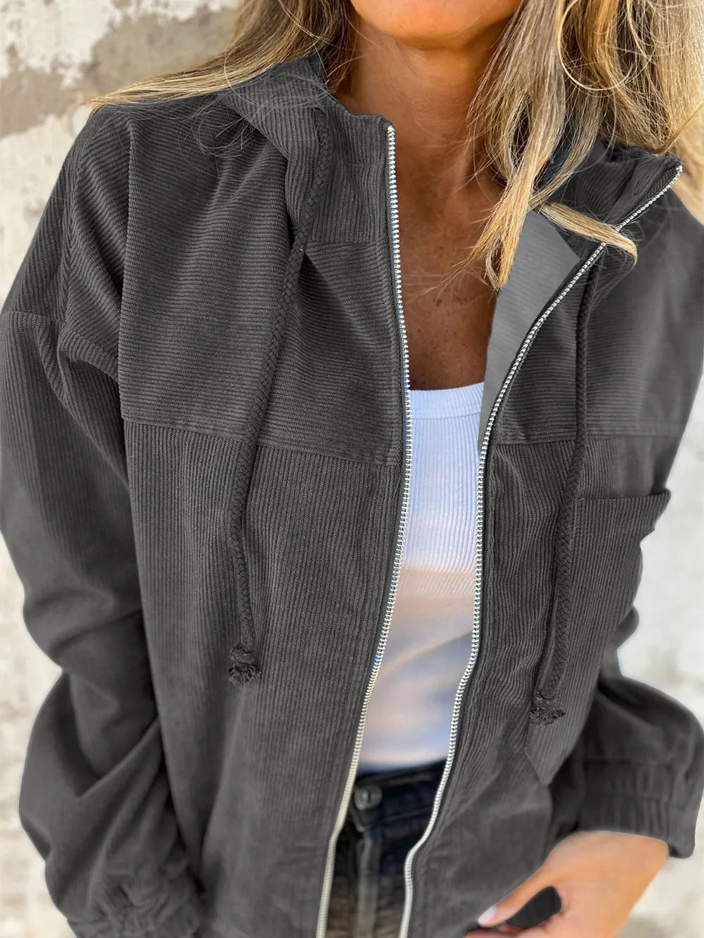 Drawstring Zip Up Long Sleeve Hooded Jacket, image 5