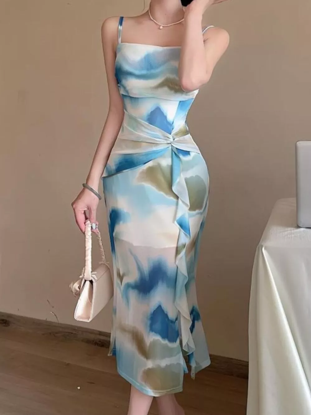 Abstract Watercolor Print Ruched Midi Dress, image 2