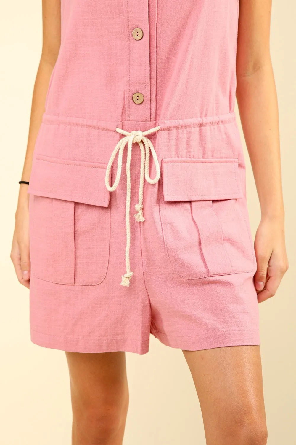 Half Button Drawstring Sleeveless Romper, image 4