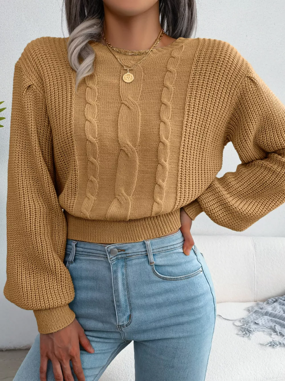 Cable Knit Round Neck Cropped Sweater, image 16