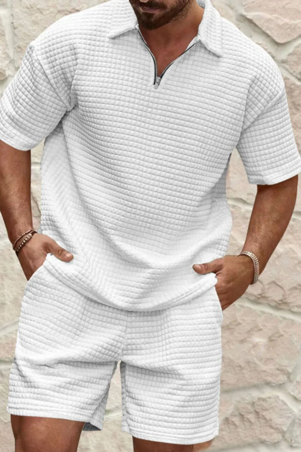 Men's Full Size Zip Collar Short Sleeve Top and Shorts Set Plus Size, image 5
