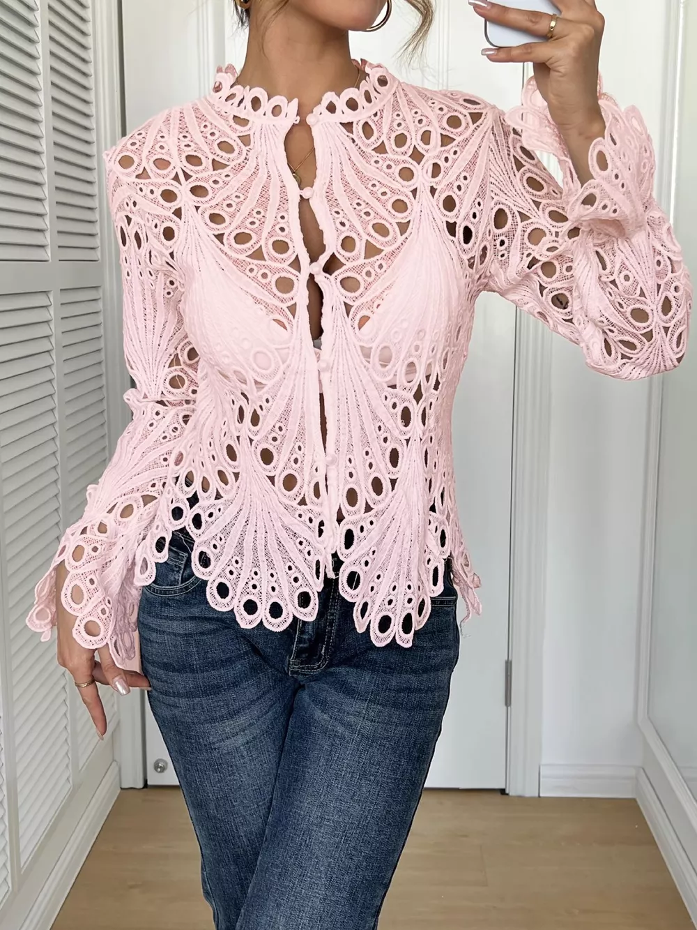 Lace Button Up Long Sleeve Shirt, image 11