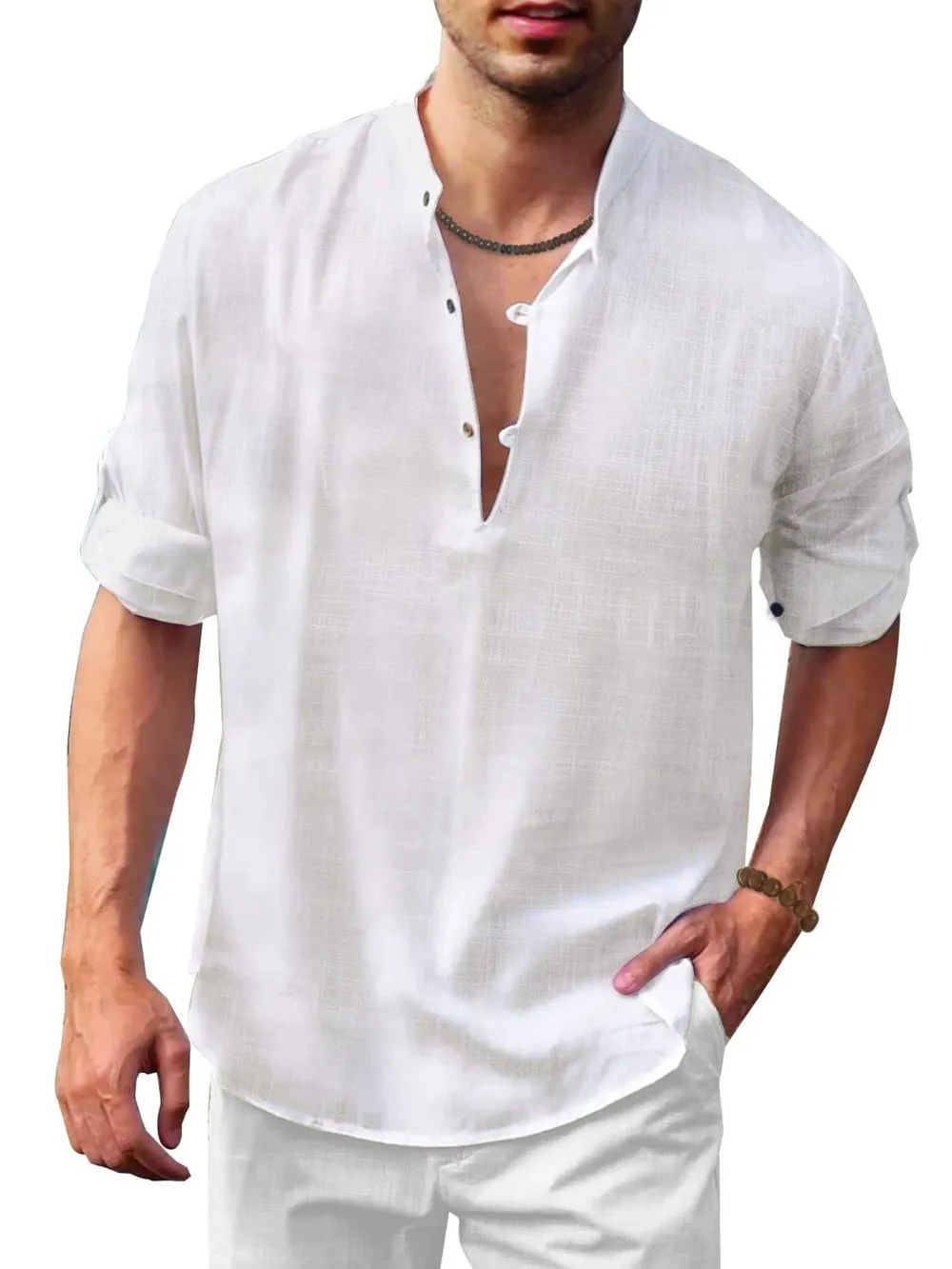 Men's Full Size Button Detail Roll-Tab Sleeve Top Plus Size, image 3
