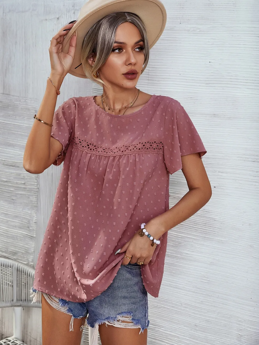 Lace Detail Round Neck Short Sleeve Blouse, image 5