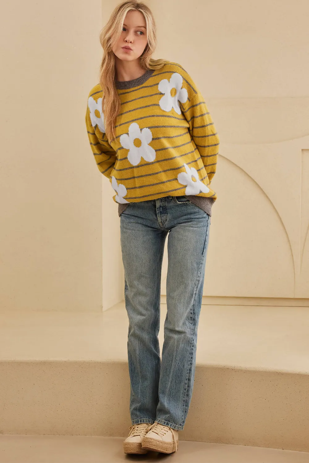 Flower Stripe Round Neck Long Sleeve Sweater, image 3