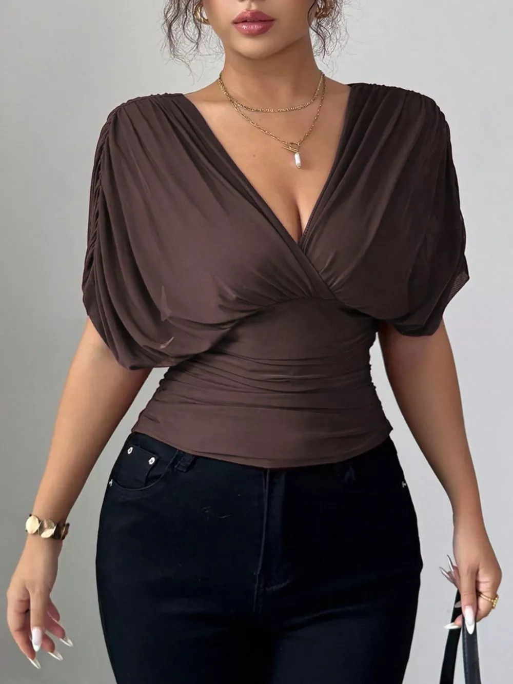 Ruched Surplice Short Sleeve Top, image 11