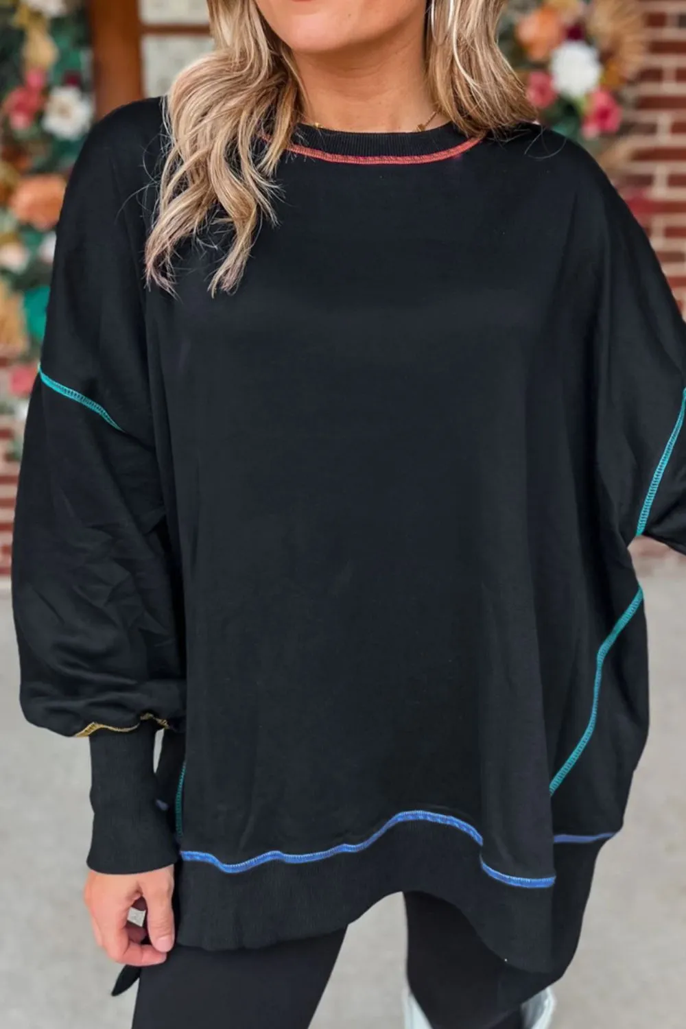 Slit Round Neck Lantern Sleeve Sweatshirt, image 5