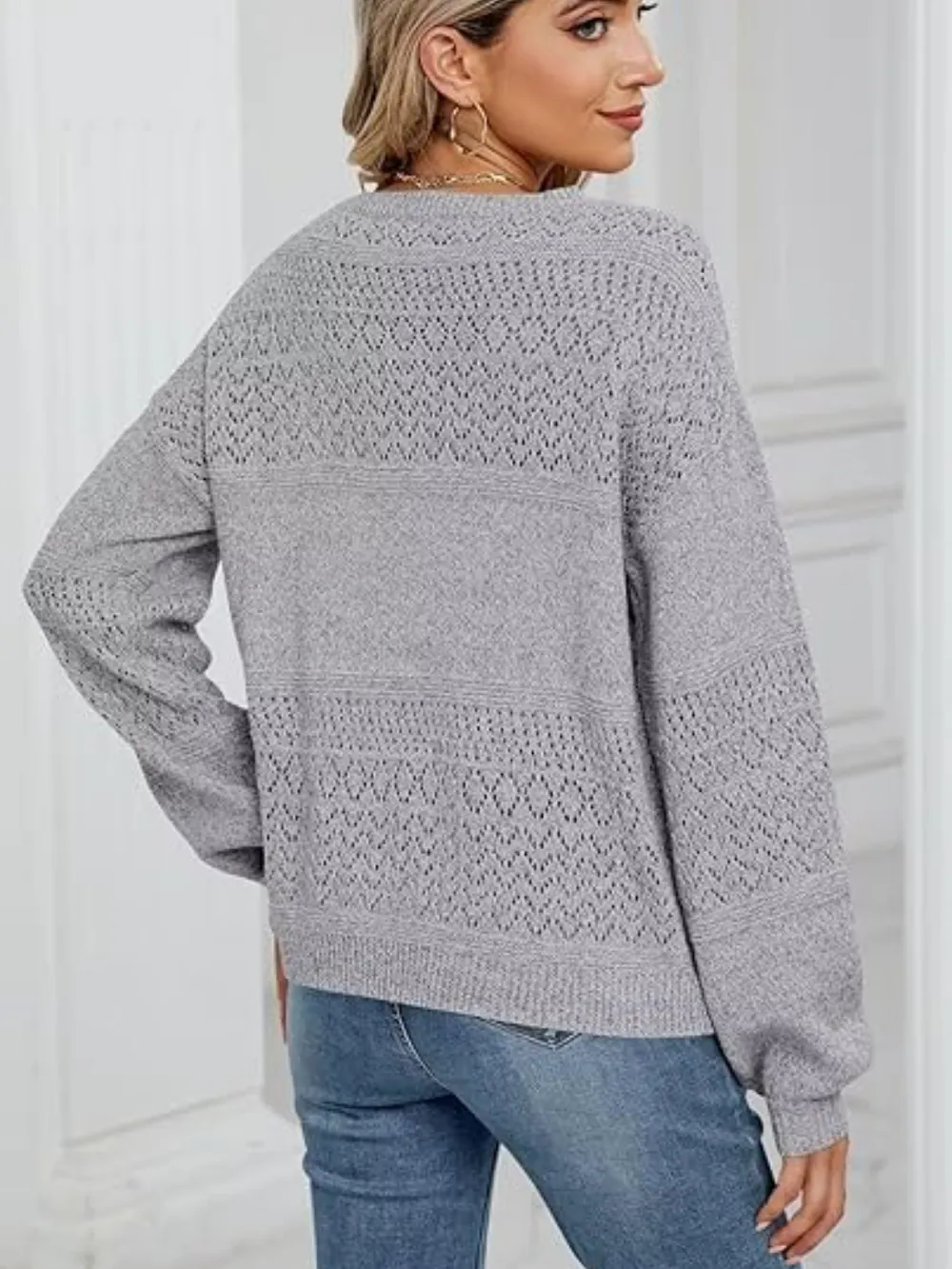 Eyelet V-Neck Long Sleeve Sweater, image 12