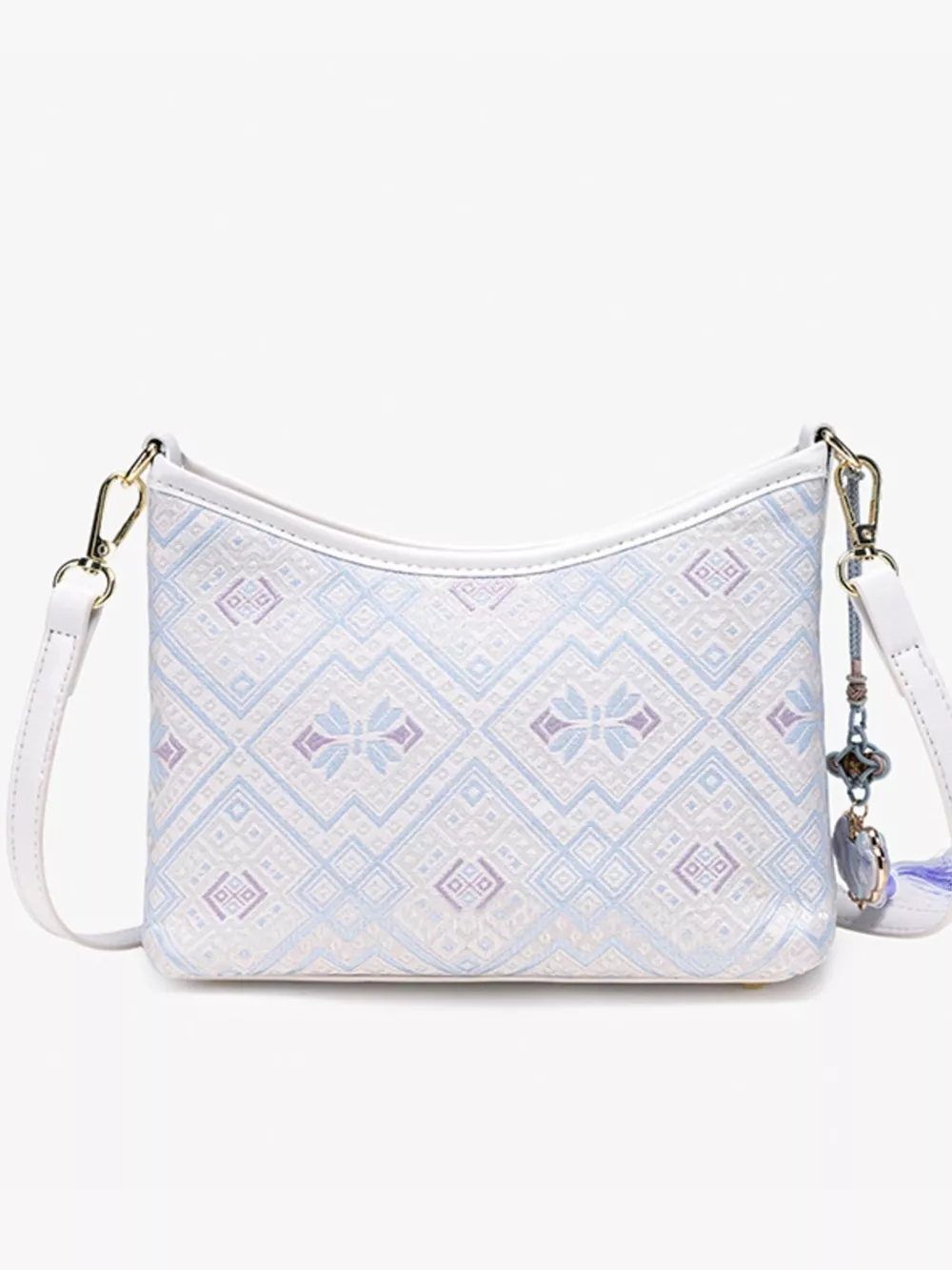 Geometric Pattern Jacquard Crossbody Bag with Tassel Charm, image 5