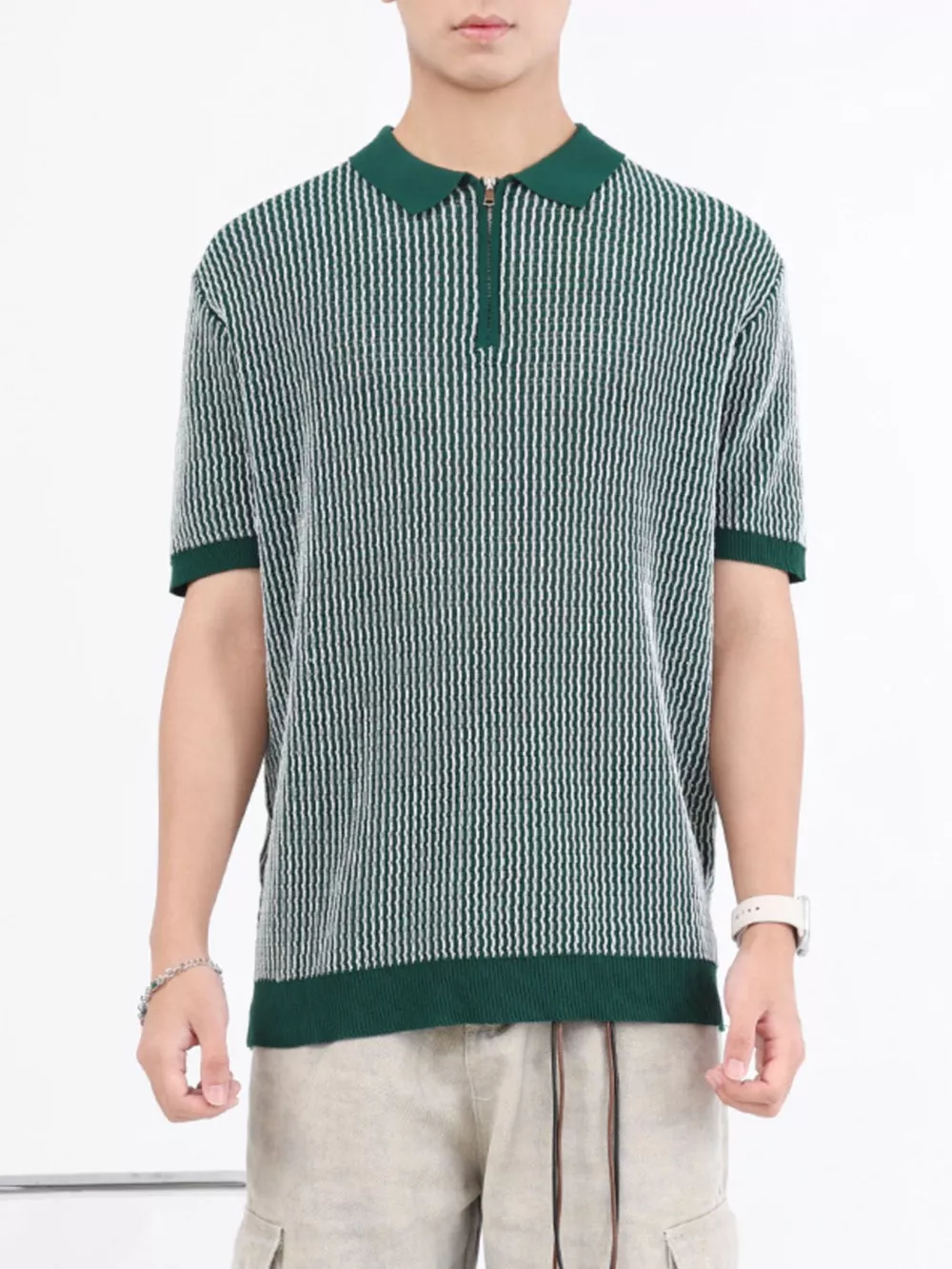 Men's Plus Size Striped Knitted Zip-Up Polo, image 7