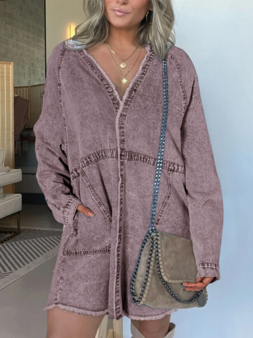 Full Size Button-Front Long Sleeve Denim Shirt Dress Plus Size, image 7