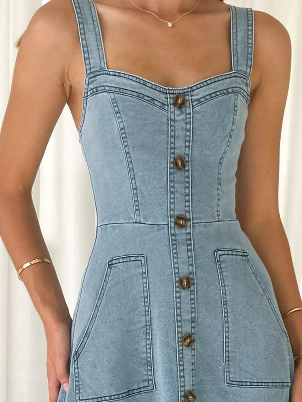 Decor Button Front A-Line Denim Dress, image 3