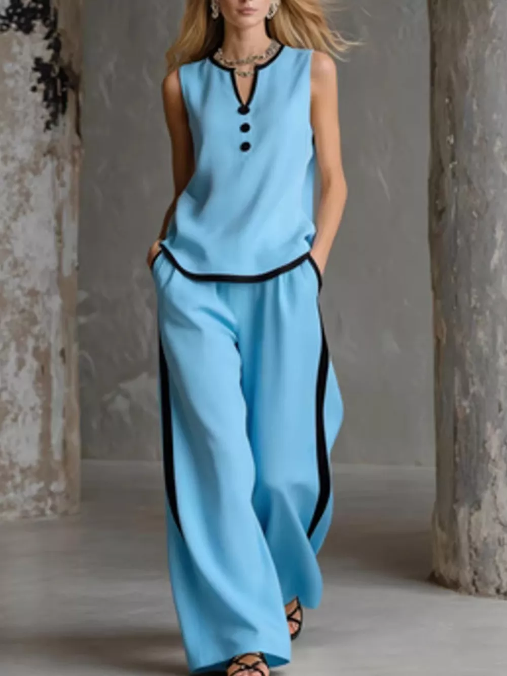 Full Size Contrast Trim Sleeveless Top and Pants Set Plus Size, image 6