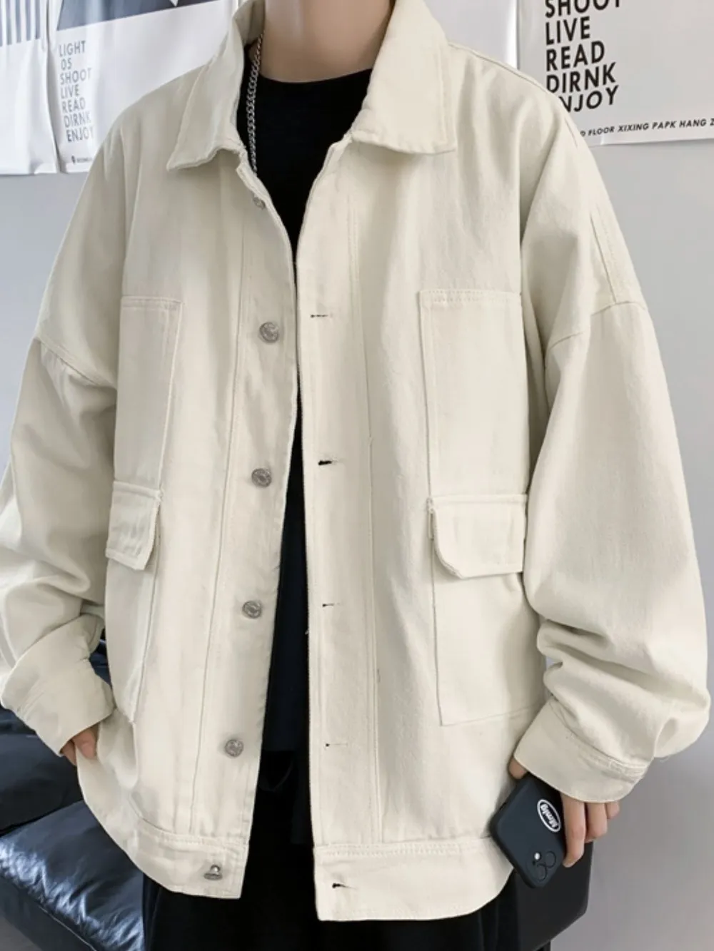 Men's Button Up Drop Shoulder Denim Jacket, image 5