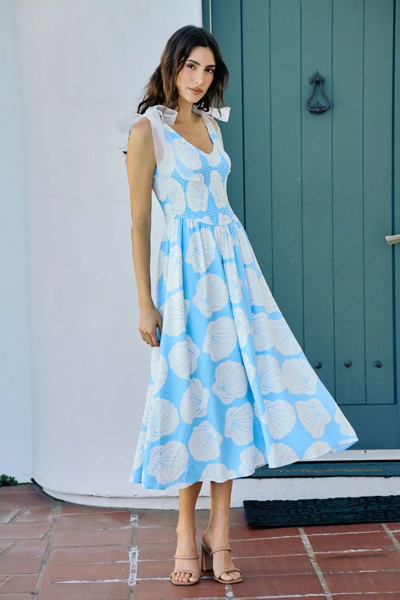 Shell Smocked Bodice Shoulder Tie Lined Midi Dress, image 2