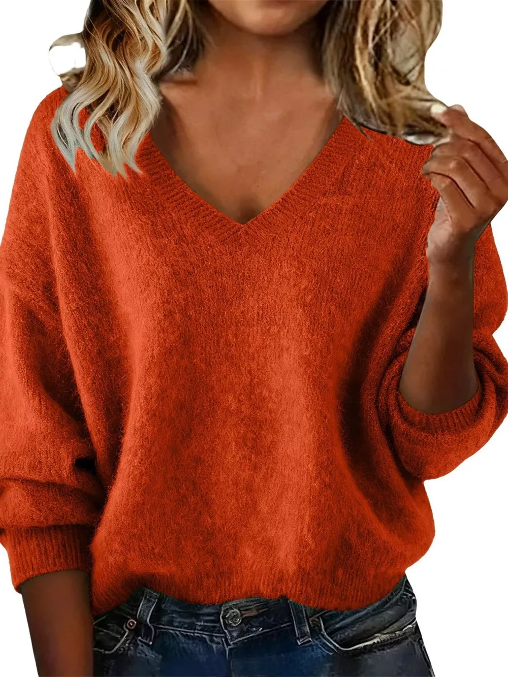 Full Size V-Neck Dropped Shoulder Sweater Plus Size, image 8