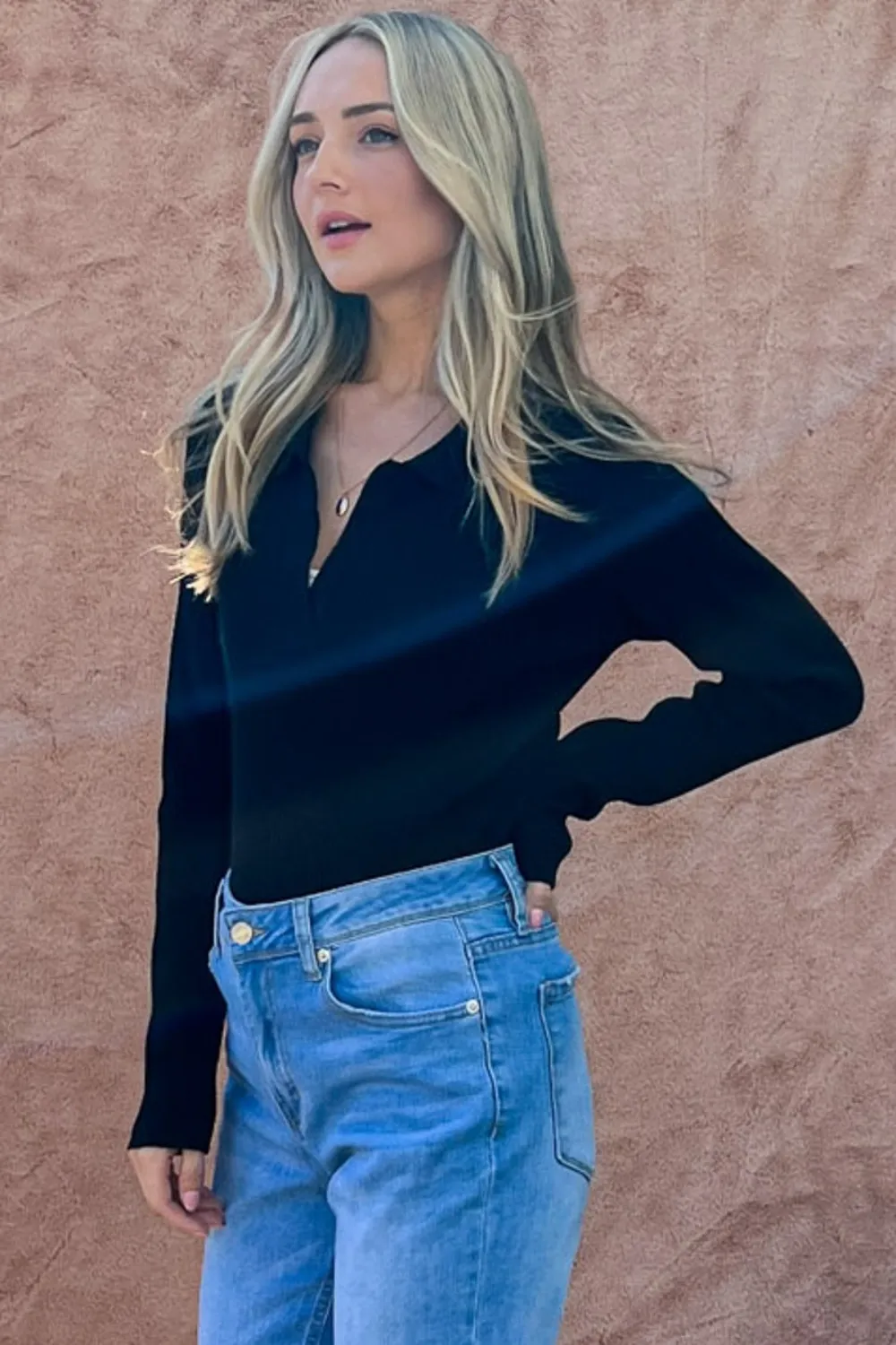 Full Size Johnny Collar Long Sleeve Ribbed Bodysuit, image 2