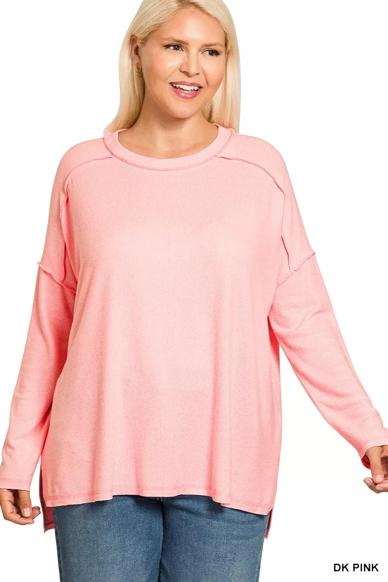 Full Size Melange Hacci Exposed Seam Hi-low Tee Plus Size